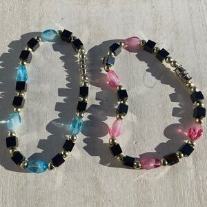 Vintage Glass Bead Bracelets pink black blue black 7.5”